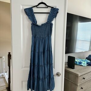Crown and Ivy Blue Chambray Ruffled Smocked Tiered Maxi Dress